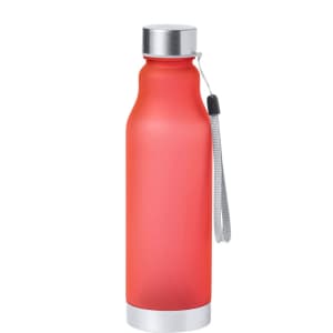 A drink bottle in vibrant red with a silver lid and a grey carrying strap. It features a logo.