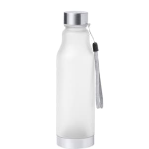 A drink bottle featuring a frosted transparent design with a silver cap and a grey strap. It has a logo on its surface.