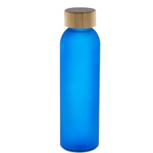 A drink bottle made of frosted blue glass with a natural bamboo lid and a simple, modern design.