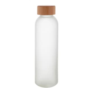 A drink bottle with a frosted glass body and a wooden lid. It has a minimalist design and a neutral colour palette.