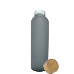 A drink bottle in a frosted grey finish with a wood-patterned lid and a sleek, cylindrical design.