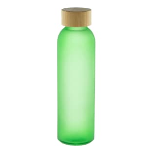 A drink bottle with a frosted green glass body and a bamboo cap, featuring a logo.