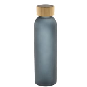 A drink bottle with a frosted grey finish and a wooden lid, featuring a simple design and a logo.
