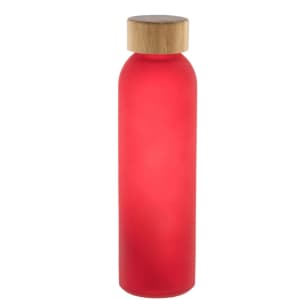 A drink bottle with a frosted red glass body and a wooden lid. It features a logo.