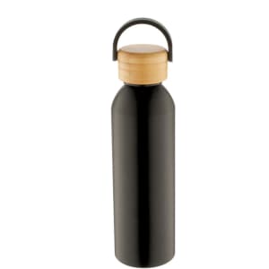 A drink bottle in matte black with a wooden lid and a looped handle. Features a branding logo.