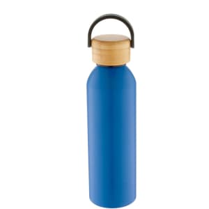 A drink bottle in vibrant blue aluminium with a wooden cap and handle, featuring a logo.