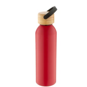 A drink bottle in red with a wooden and black cap, featuring a minimalistic design and a logo.