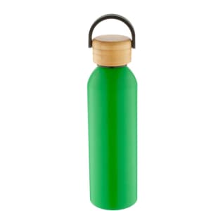 A drink bottle in vibrant green, featuring a wooden cap and a black handle, with a branding logo on its surface.