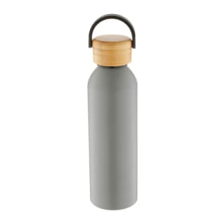 A drink bottle in grey aluminium with a wooden lid and a handle. The bottle features a logo on its surface.
