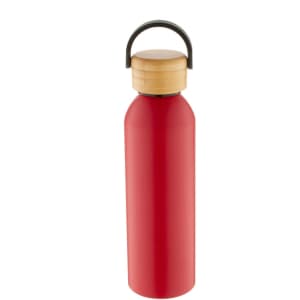 A drink bottle in bright red, featuring a bamboo lid and handle, with a logo on the side.