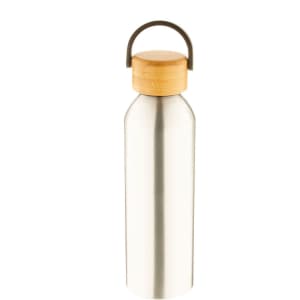 A drink bottle made of stainless steel with a bamboo lid and a metal handle. The bottle has a sleek, silver finish.