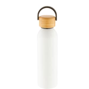 A drink bottle featuring a sleek white aluminium design with a wooden lid and a stylish metal handle.