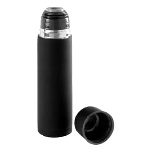 A drink bottle with a sleek black exterior and a removable lid, featuring a transparent section near the top.