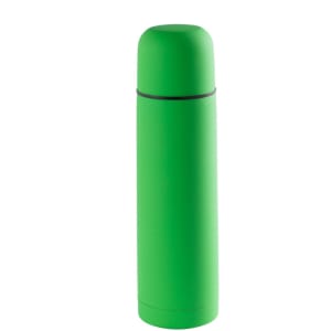 A drink bottle in vibrant green, featuring a smooth finish and a rounded top, with a simple branding logo.