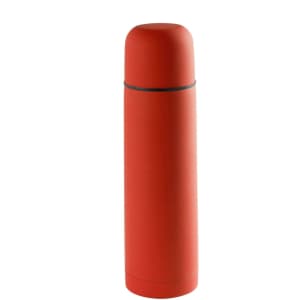 A drink bottle in a vibrant red colour with a sleek design and a black accent line around the middle. It features a logo.