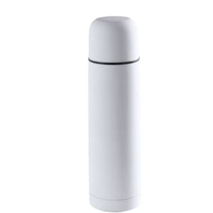 A drink bottle in white with a sleek design and a functional lid. It features a logo on the surface.