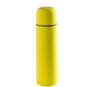 A drink bottle featuring a bright yellow exterior and a sleek, cylindrical design with a rounded top.