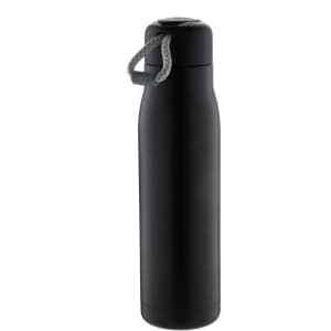 A drink bottle with a sleek black design and a grey strap. It features a logo on the body.