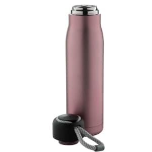 A drink bottle in matte pink with a black lid and a braided handle. It features a logo on the side.