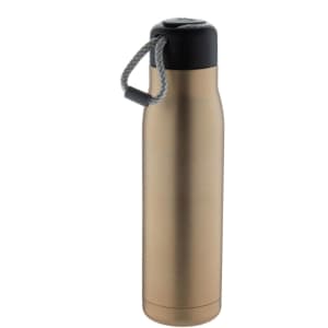 A drink bottle with a sleek gold and black design, featuring a handle for easy carrying. It has a logo on the body.