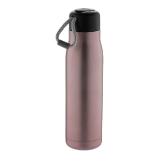 A drink bottle in rose gold with a black lid and a grey carrying strap, featuring a logo.