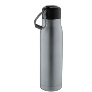 A drink bottle featuring a silver stainless steel design with a black cap and a grey carry strap.