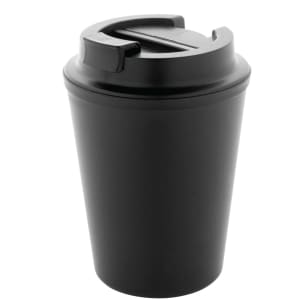 A black thermo cup with a secure lid and a drinking slot, featuring a logo.