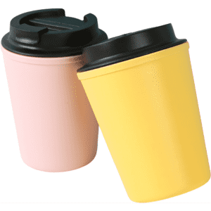A drink bottle featuring a pink and a yellow thermos cup with black lids, both with a sleek design and a logo.