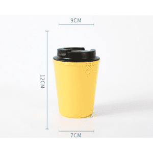 A travel mug in yellow, featuring a black lid and a logo, measuring 12 cm tall and 9 cm wide.