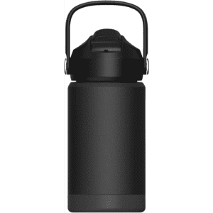 A drink bottle in matte black stainless steel with a sturdy lid and carry handle. Features branding on the side.