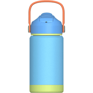 A drink bottle in blue and green, featuring a lid with an orange handle and a logo on the body.