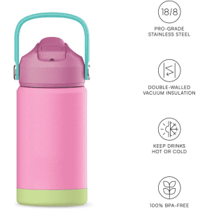 A drink bottle made of pink stainless steel with a green base and a turquoise handle, featuring a logo.