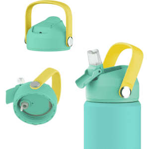 A drink bottle in teal with a yellow handle and lid, featuring a spout and built-in straw, along with a logo.