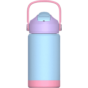A drink bottle with a pastel blue body, pink base, and a purple lid featuring a carry handle. It has a logo on it.