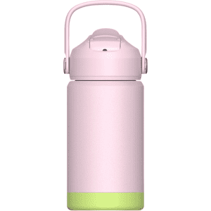 A drink bottle in pink and green, featuring a handle and a secure lid, with a branding logo.