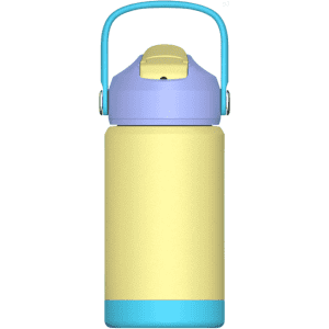 A drink bottle featuring a yellow body with a light blue base and a purple lid, complete with a carry handle.