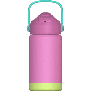 A drink bottle in pink with a green base and a teal handle, featuring a lid and a branding logo.