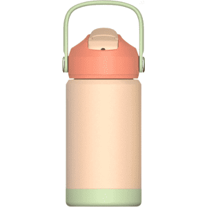 A drink bottle in peach and pale green, featuring a handle and a secure lid, with a logo on the design.