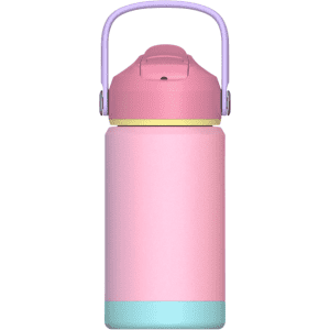 A drink bottle in pastel pink, with a light purple lid and a mint green base. Features a handle and logo.