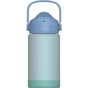 A drink bottle featuring a stainless steel design in a gradient of light blue to green with a removable lid and handle.