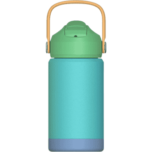 A drink bottle featuring a stainless steel design in green, blue, and orange, with a handle and a logo.