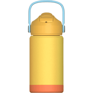 A drink bottle in yellow and orange with a blue handle, featuring a logo. Ideal for kids and made of stainless steel.