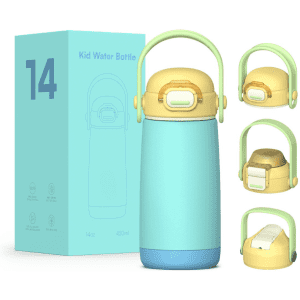 A drink bottle in mint green and yellow with a handle and a box, featuring a logo on the bottle.
