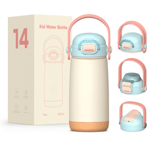 A drink bottle in pastel pink and blue, with a handle, displayed alongside its packaging. Contains 420ml capacity.
