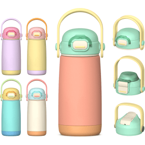 A drink bottle in pastel colours including pink, yellow, and mint green, featuring a handle and a logo.