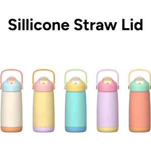 A drink bottle collection featuring pastel colours and silicone straw lids, with a logo on each bottle.