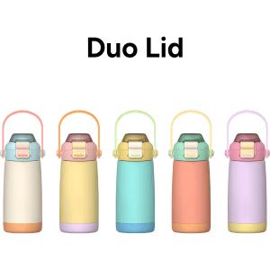 A drink bottle collection featuring pastel colours with a duo lid design. Each bottle has a handle and a logo.