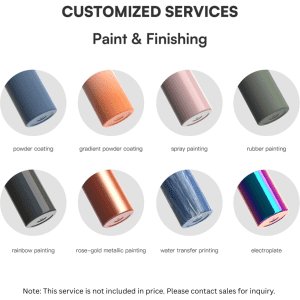 A collection of metallic drink bottle finishes including various colours like powder coating, gradient, and spray painting.