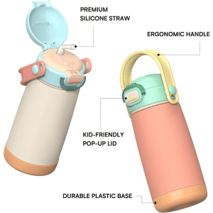 A drink bottle featuring a pastel colour scheme, ergonomic handle, pop-up lid, and silicone straw, with a durable plastic base.