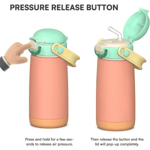 A drink bottle in pink and green, featuring a pressure release button and a removable lid with a straw.